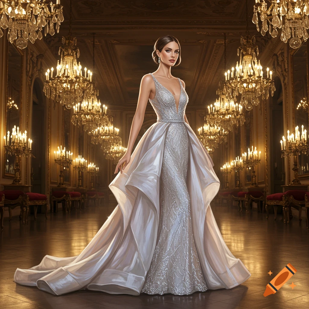 A woman in an elaborate silver gown stands in a grand hall with many chandeliers.