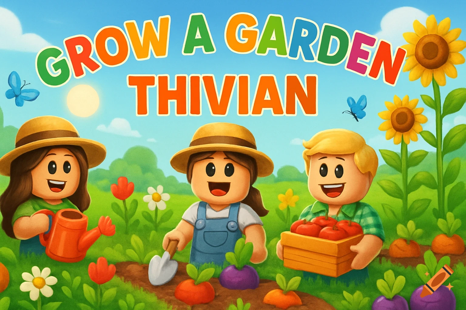 Three cartoon-style children in a vibrant garden, one watering, one digging, and one holding a box of tomatoes. Text says 'GROW A GARDEN THIVIAN'.