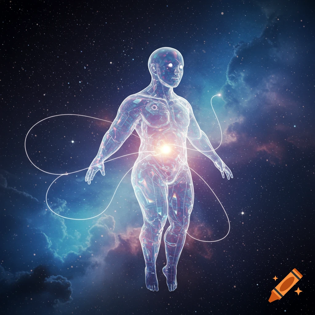 A glowing, translucent human-like figure with circuitry details floats in a cosmic nebula and starry sky.
