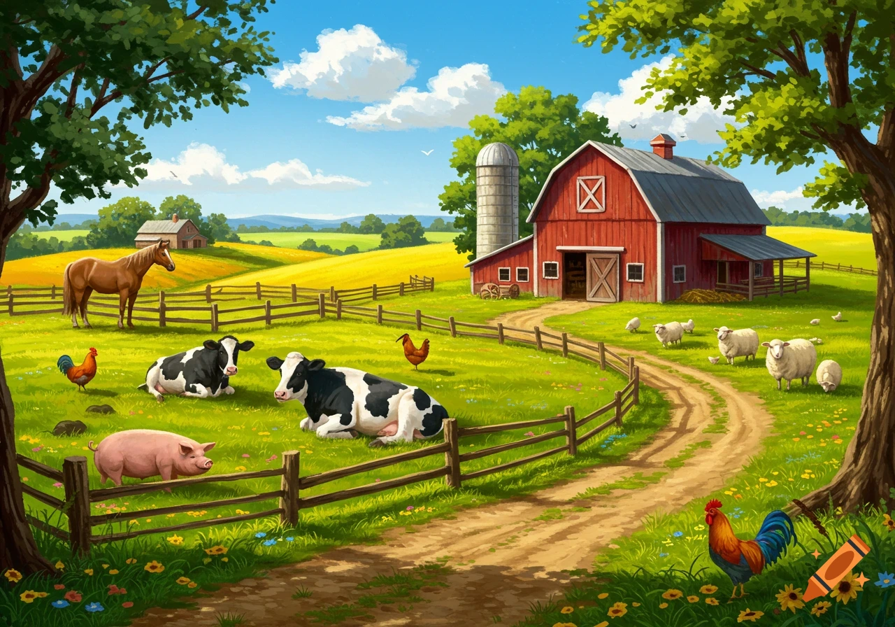 Vibrant cartoon farm scene with a red barn, farmhouse, horse, cows, pig, rooster, chickens, and sheep on green fields.