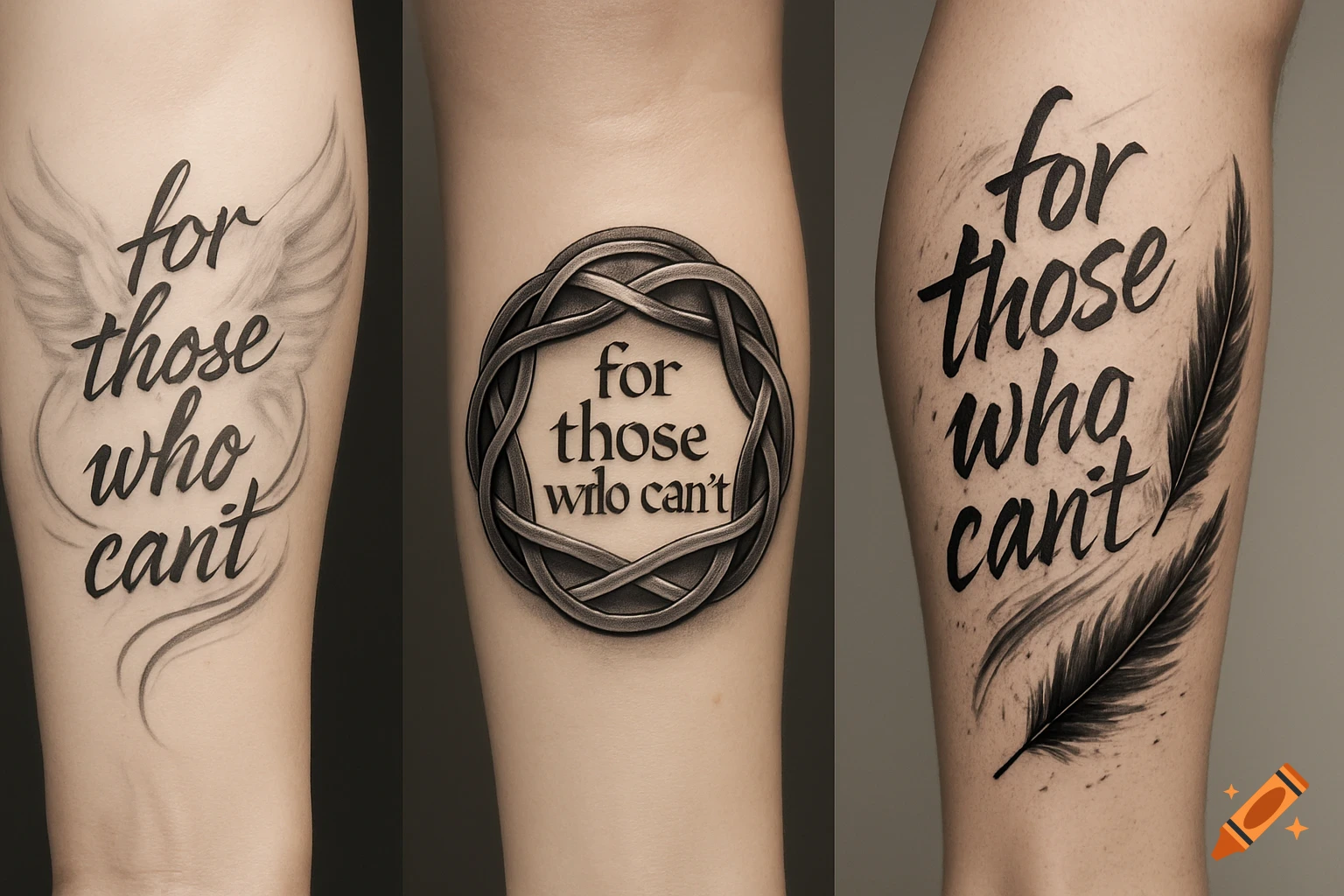Three tattoo designs on skin, each featuring the phrase 'for those who can\'t' with different decorative elements.