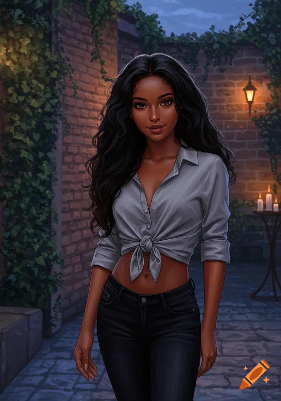 Digital illustration of a dark-skinned woman with long black hair in a tied grey shirt and jeans in a brick alley at dusk.