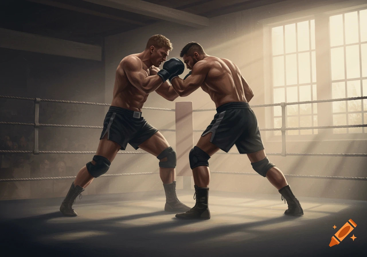 Two male boxers in fighting stances in a sunlit boxing ring, realistic art.