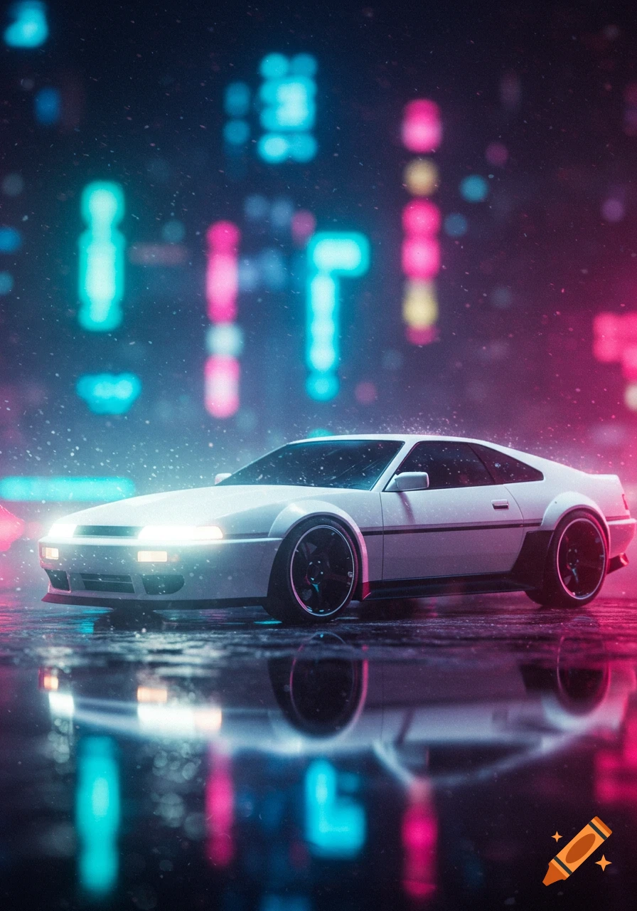 A white sports car with glowing headlights on a wet city street, reflecting blurred neon lights.