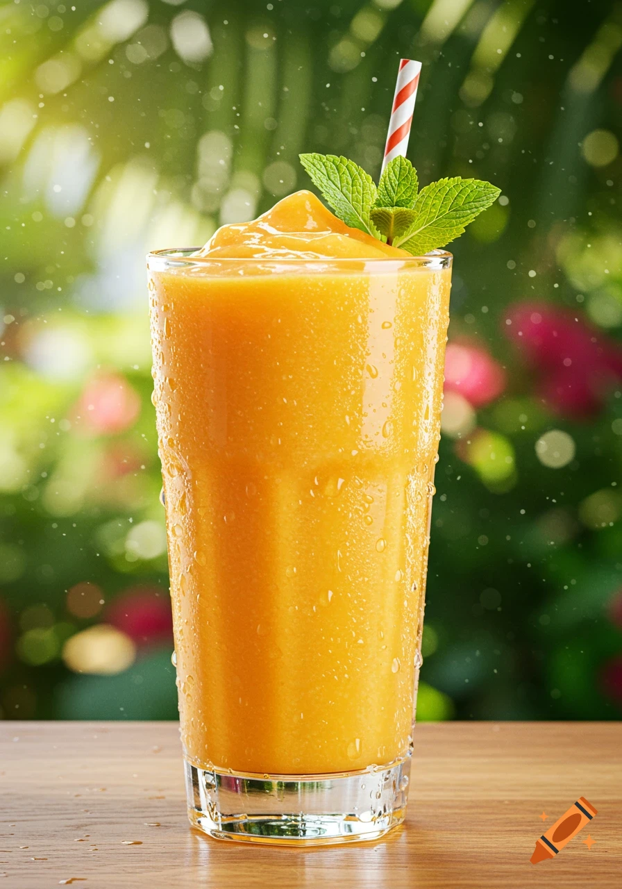 A photorealistic mango smoothie in a tall glass with a red and white striped straw and mint garnish. Water droplets cling to the glass, and a blurry green tropical background with sunlight is visible.