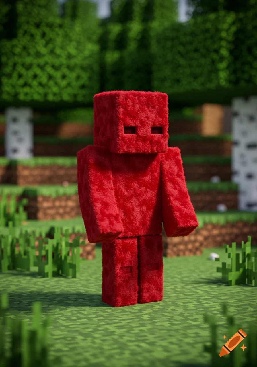 A red, furry, block-shaped character resembling a Minecraft zombie stands in a pixelated block-world environment.