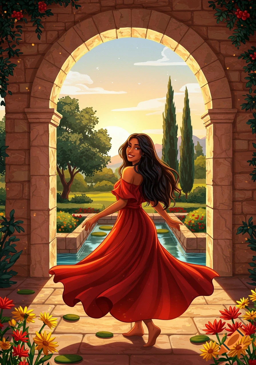 Illustration of a smiling woman in a red dress dancing in a Mediterranean garden with a stone archway and sunset.