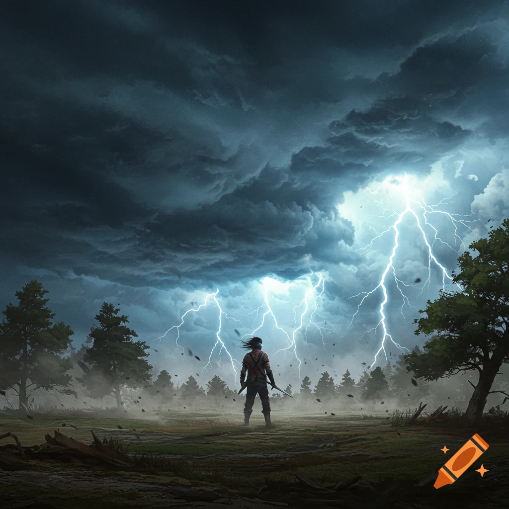 A lone figure stands in a vast, stormy landscape with dramatic lightning strikes across a dark sky.