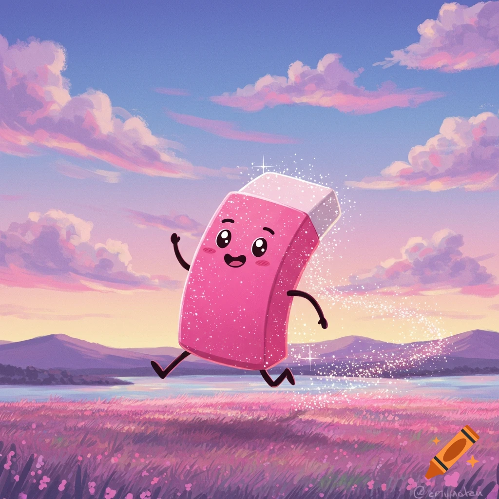A happy, sparkly pink eraser with arms and legs runs through a purple flower field, leaving a trail of glitter under a pink and blue sunset sky.