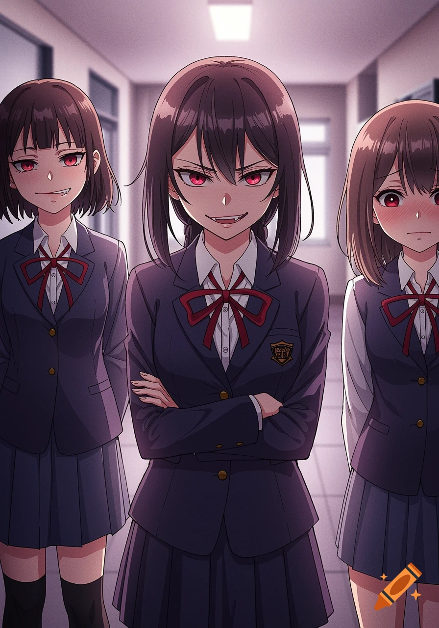 Three anime-style schoolgirls with red eyes and fangs stand in a hallway, two with mischievous expressions, one looking shy.