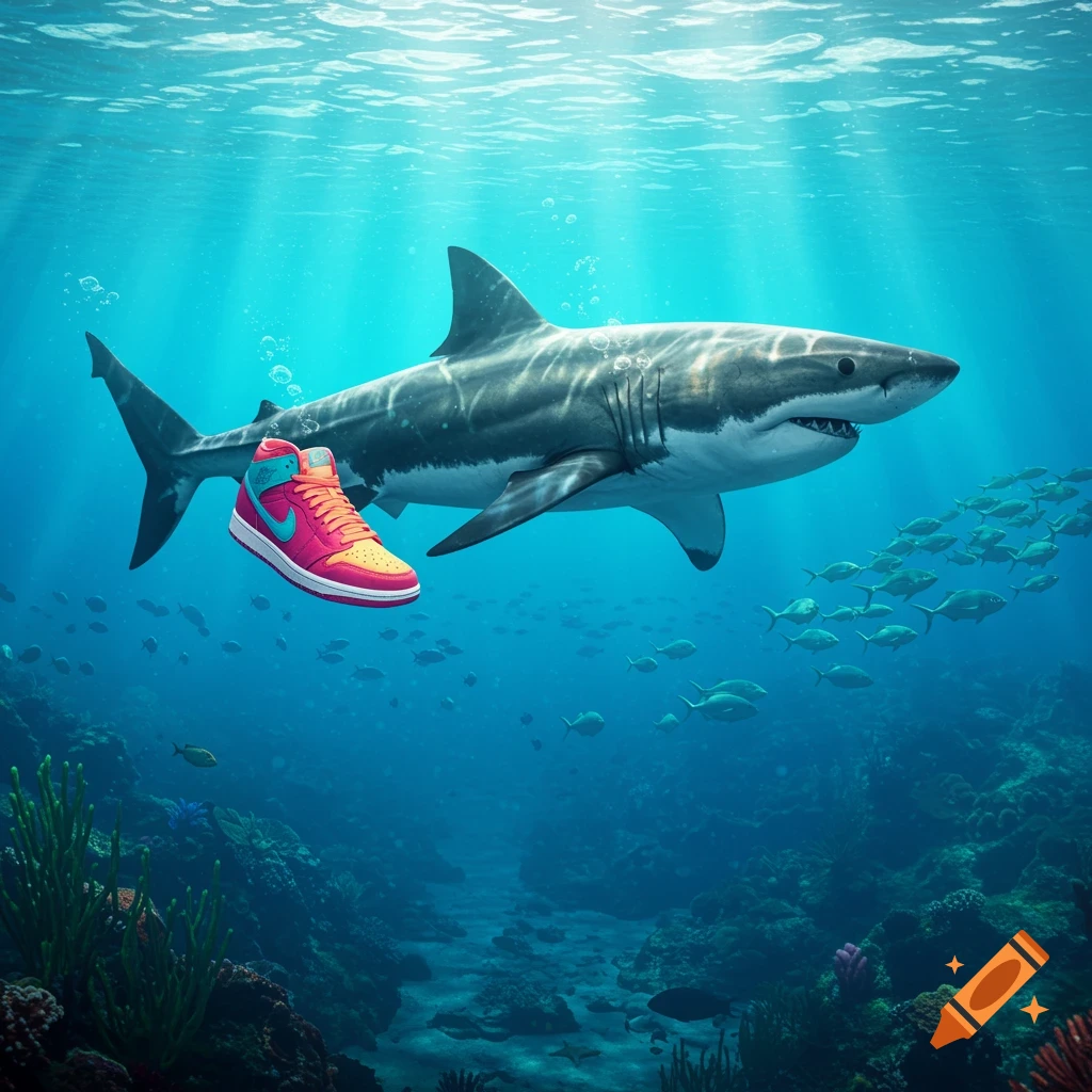 A great white shark swims underwater with a colorful sneaker floating next to it, amidst coral and schools of fish.