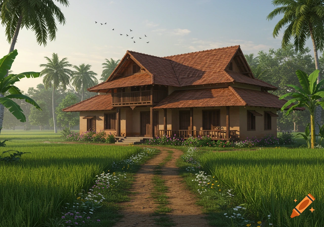A traditional Kerala-style house with a red-tiled roof stands in a lush green field with palm trees and a dirt path leading to it.