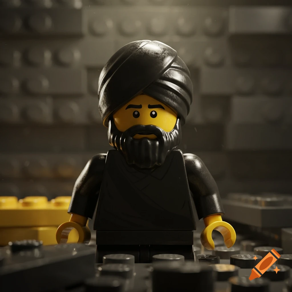 A highly detailed LEGO minifigure with a black turban and beard, standing on a dark LEGO baseplate with bricks in the background.
