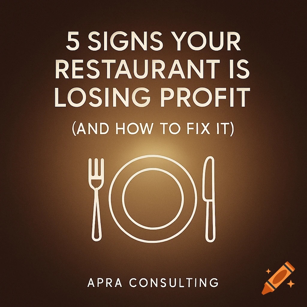 White text on a brown background reads '5 Signs Your Restaurant Is Losing Profit (And How to Fix It)', with an outline of a fork, plate, and knife. 'APRA Consulting' is below.
