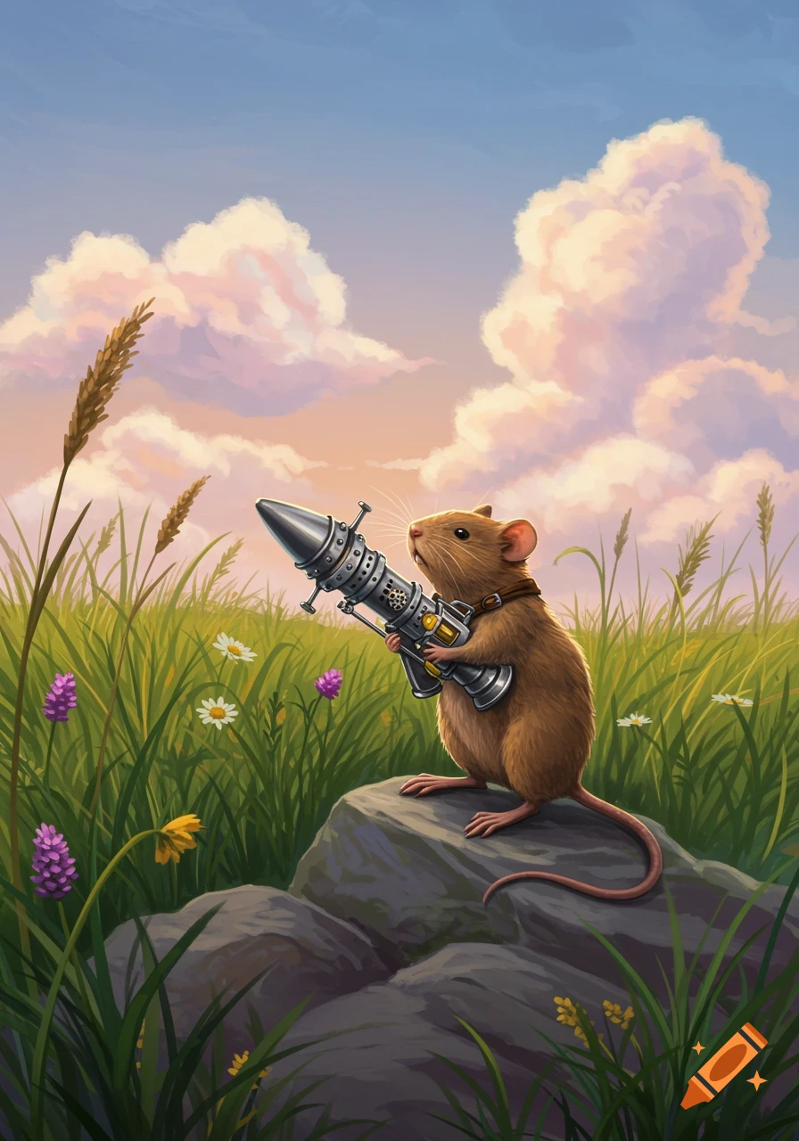 A cute brown mouse stands on a rock in a grassy field, holding a large, steampunk-style rocket launcher.