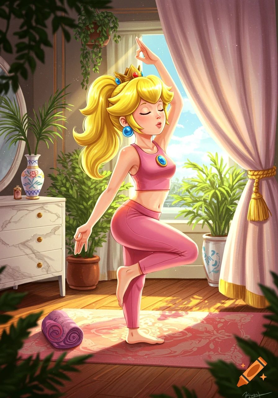 Princess Peach in a pink crop top and leggings doing a tree yoga pose in a sunlit room.