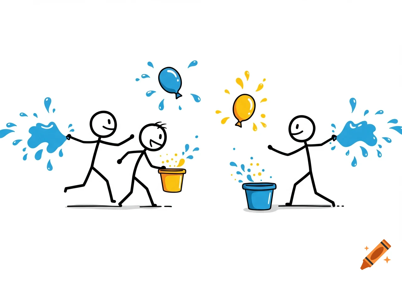 Simple stick figure drawing of three stick figures playing a water balloon toss game with colorful balloons and buckets.