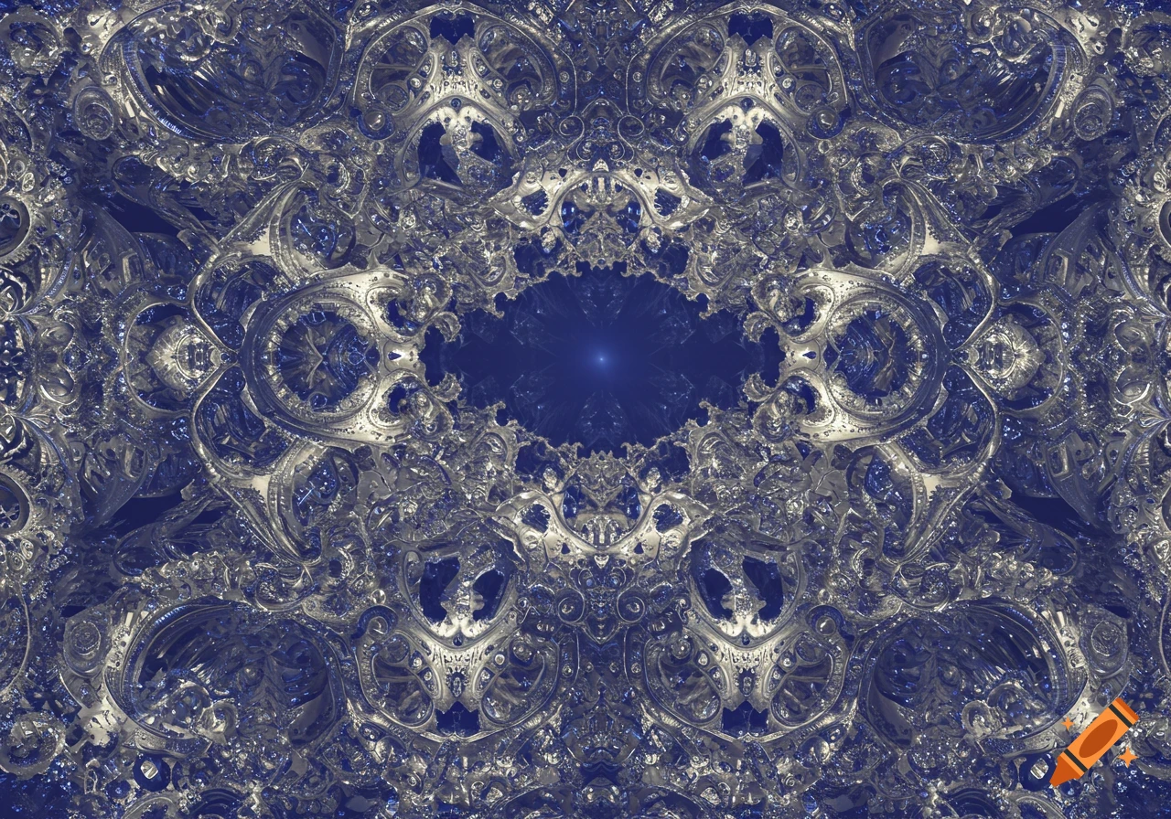 A symmetrical, ornate, abstract fractal pattern in silver and deep blue, with a bright blue center.