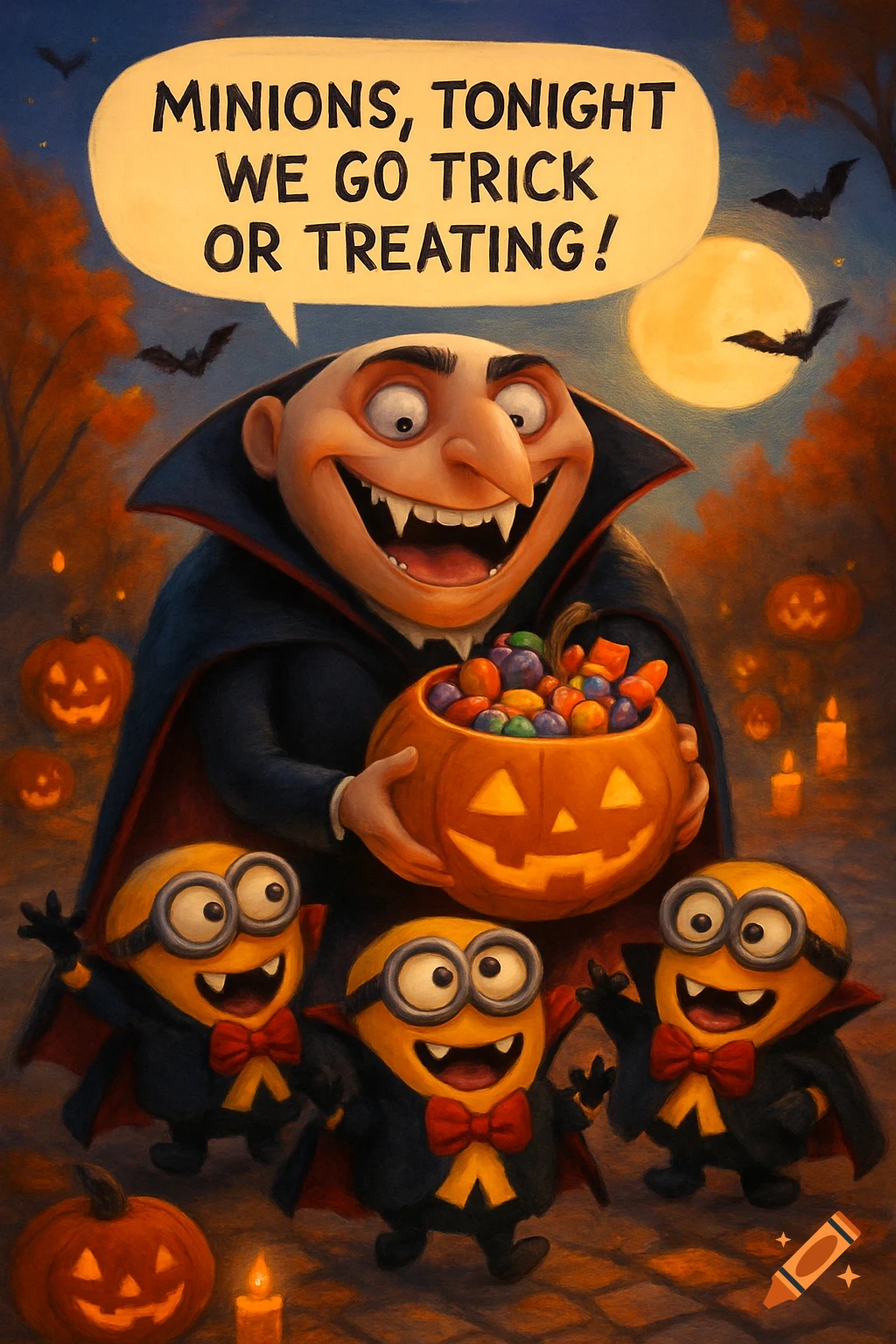 Gru dressed as a vampire holds a candy-filled pumpkin while vampire-costumed Minions cheer for Halloween trick-or-treating. Illustrated.