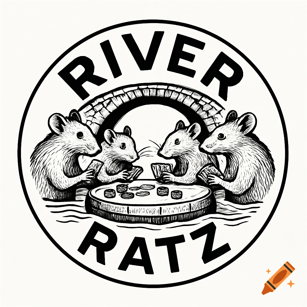 Black and white circular logo of four rats playing poker under a stone bridge, with 'RIVER' at the top and 'RATZ' at the bottom.