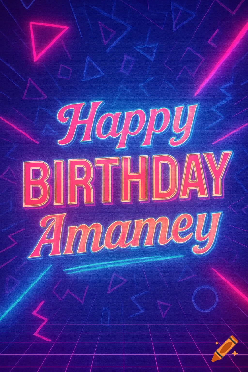 A vibrant neon "Happy Birthday Amamey" message in a neo-retro style with geometric shapes and a grid background.