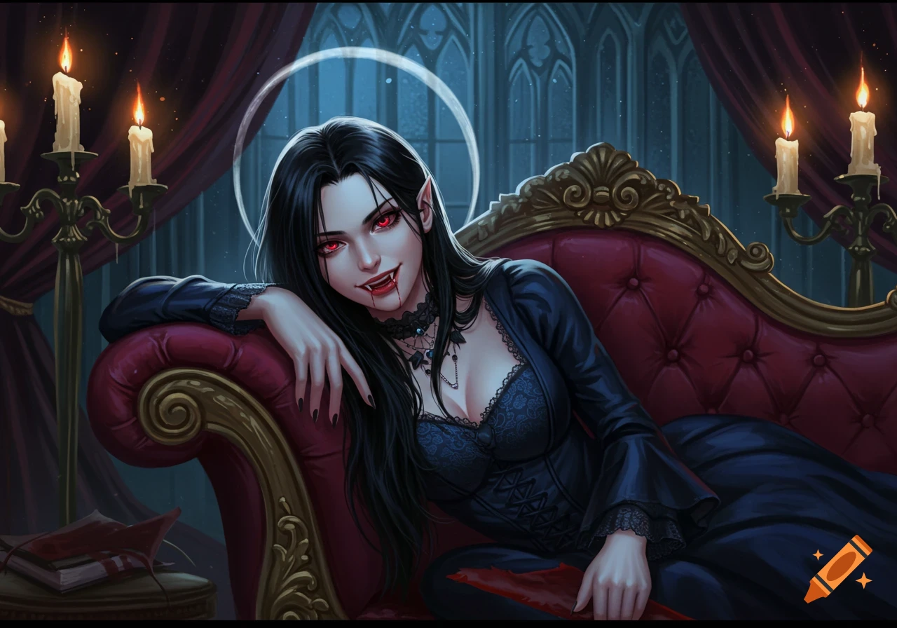 An illustration of a pale female vampire with long black hair, red eyes, and fangs, reclining on a red velvet couch.