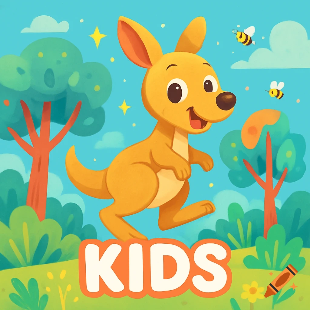 A cartoon kangaroo jumps in a vibrant landscape with trees and bees, featuring the word KIDS at the bottom.