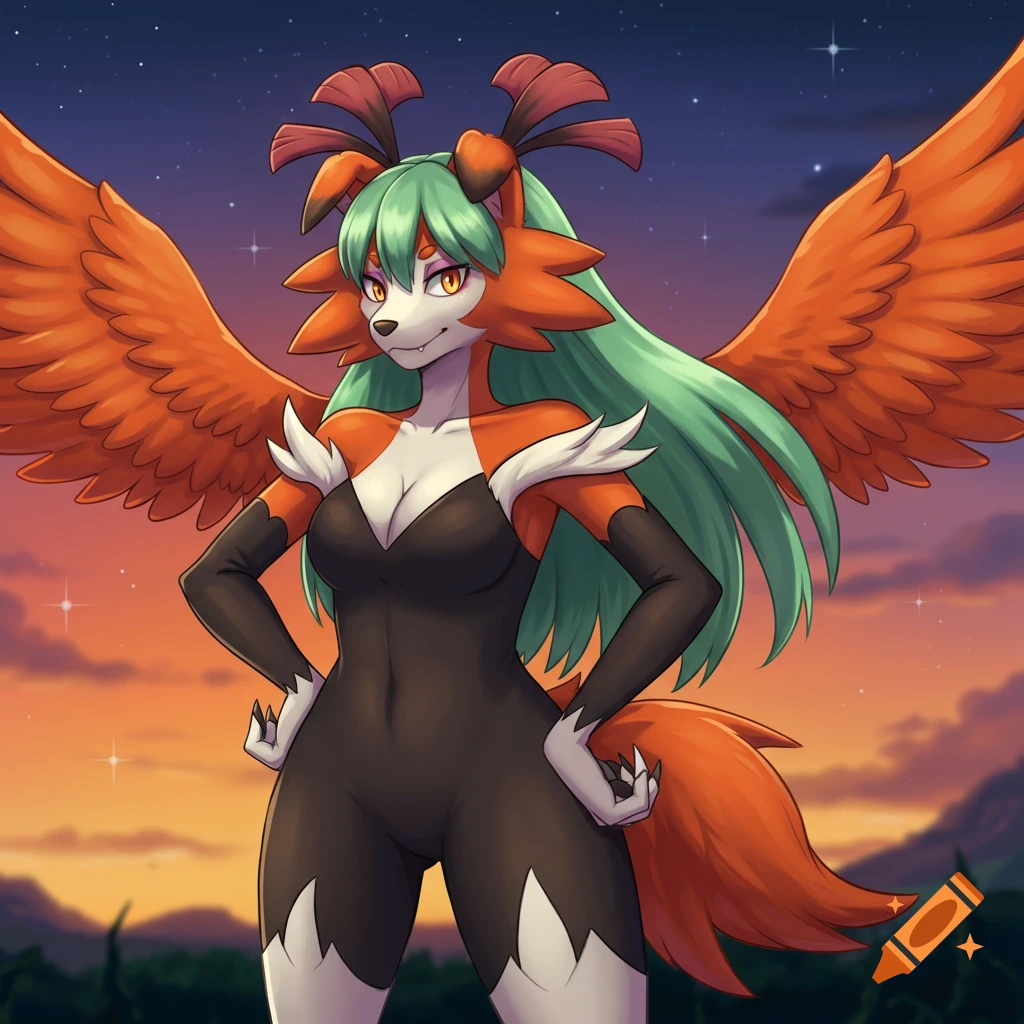 An anthropomorphic fox-like character with green hair and large orange wings in a black bodysuit stands against a twilight sky in anime style.