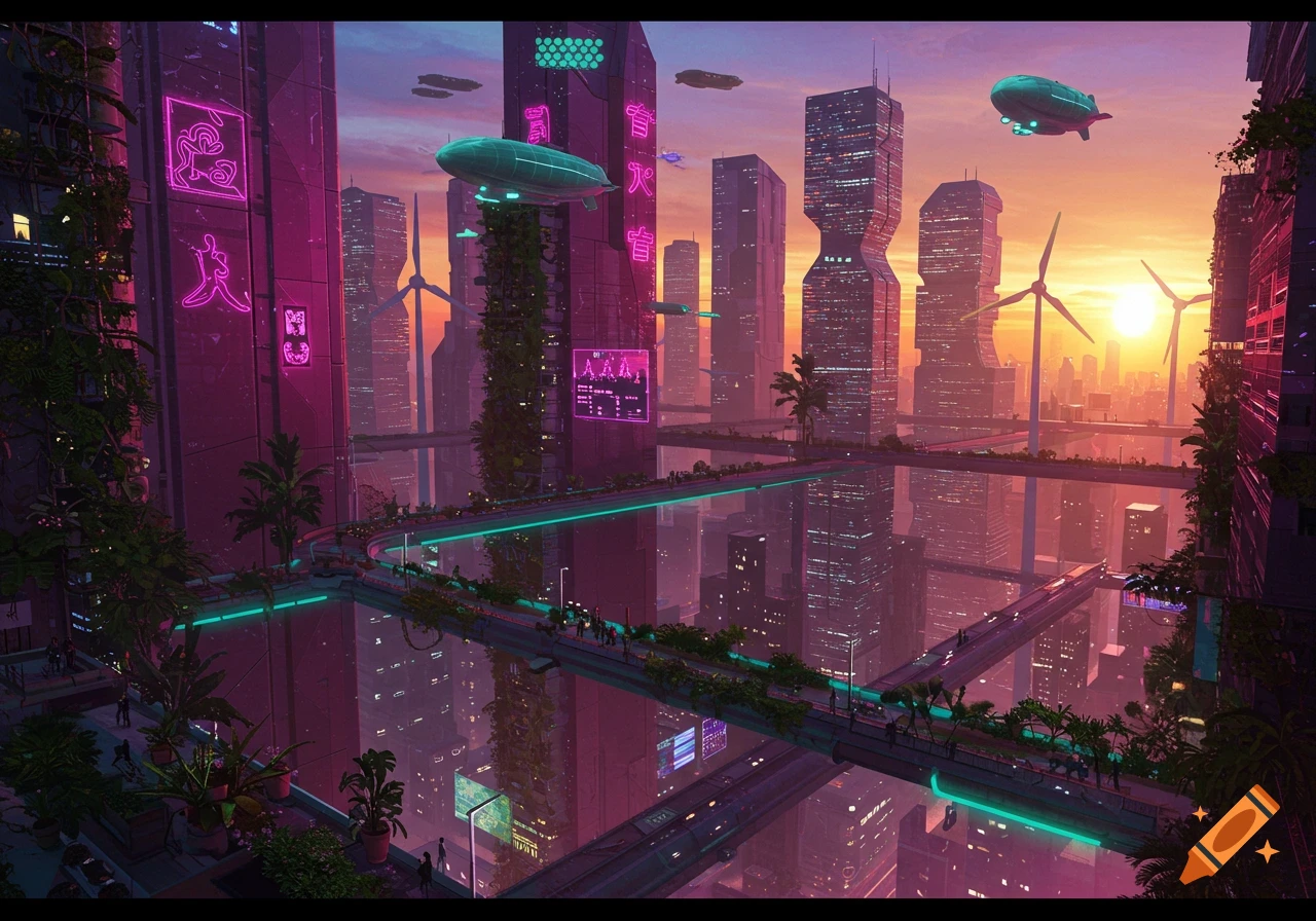 A vibrant futuristic city blending cyberpunk and solarpunk styles, with towering buildings, neon lights, elevated pathways, and airships at sunset.