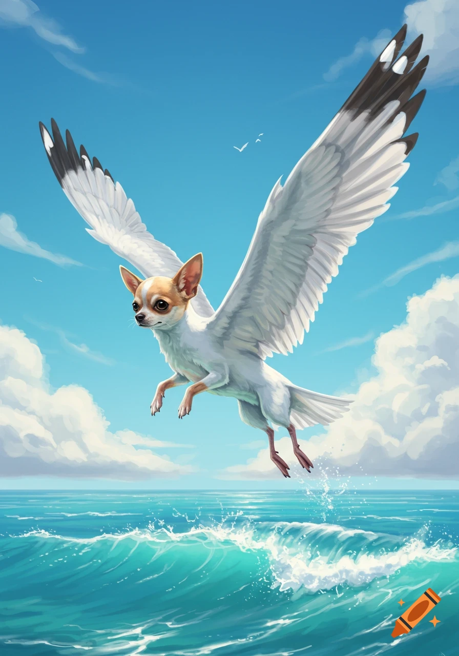 A chihuahua with seagull wings flies over a blue ocean under a bright sky, in an illustrative style.