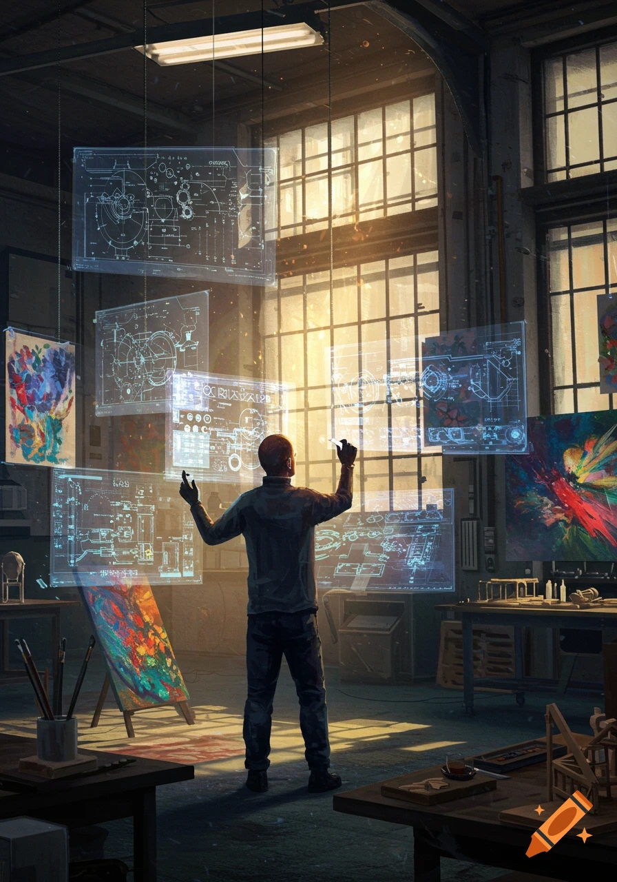 A man stands in an industrial artist studio, interacting with multiple glowing holographic engineering blueprints and abstract art pieces.