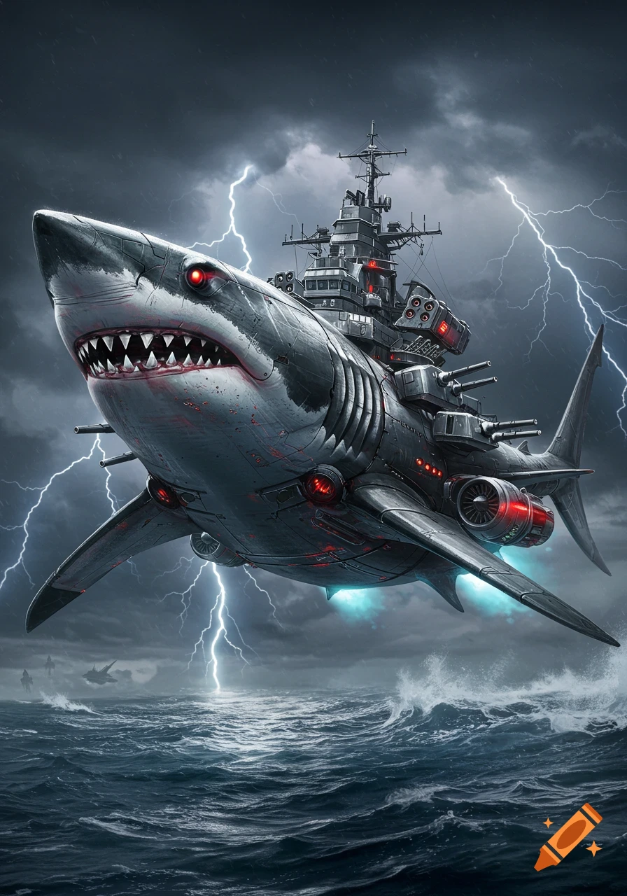 A flying shark battleship with glowing red eyes, guns, and jet engines soars over a stormy ocean with lightning.