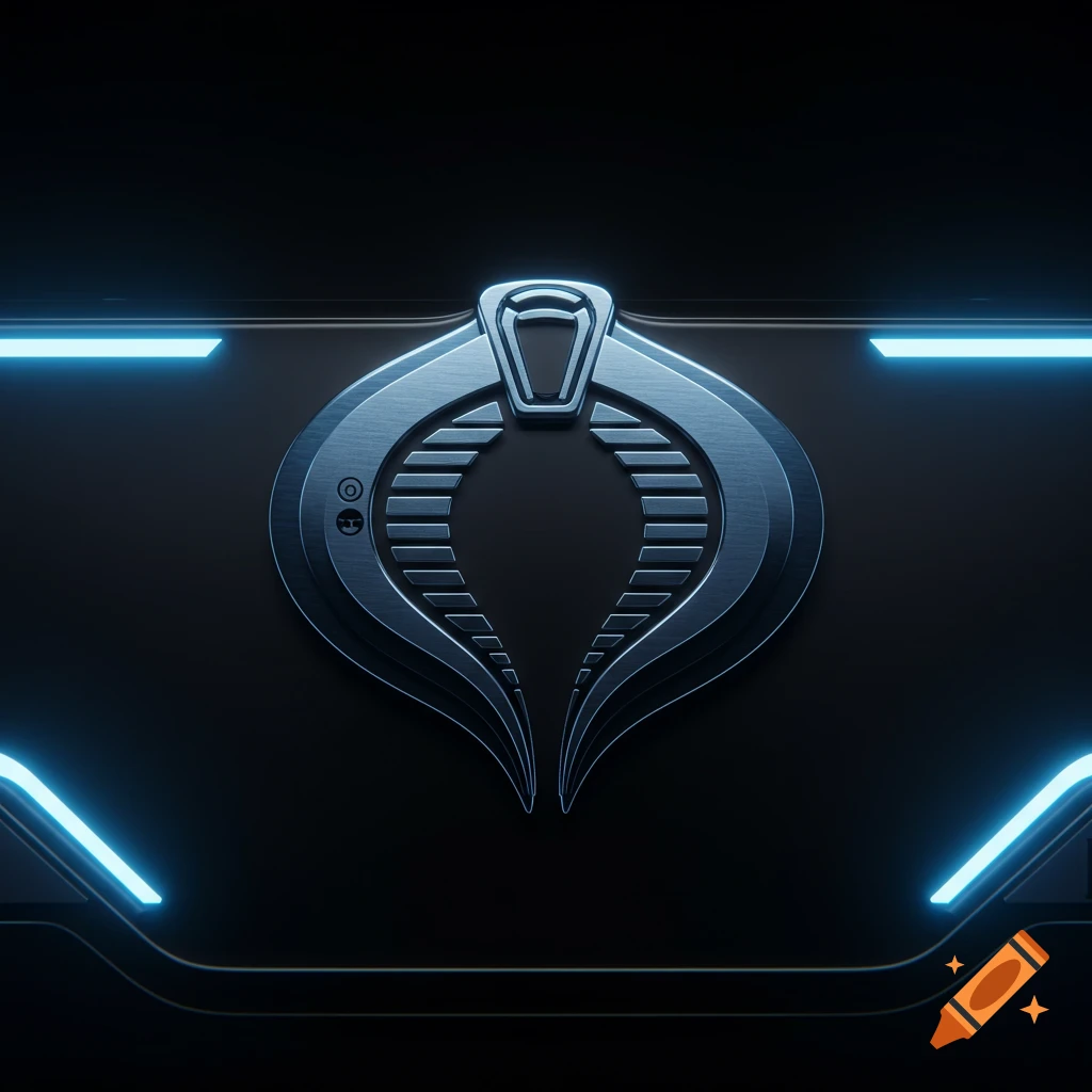A metallic silver Cobra logo with blue neon accents on a dark, futuristic background.