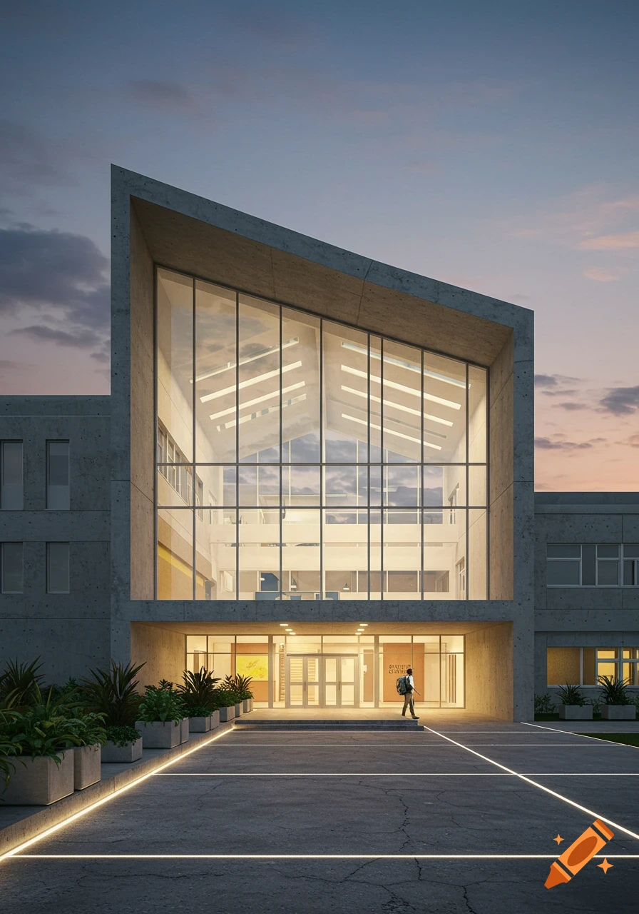 A modern school building with a large slanted glass facade, set against a twilight sky. A single student walks towards the illuminated entrance.