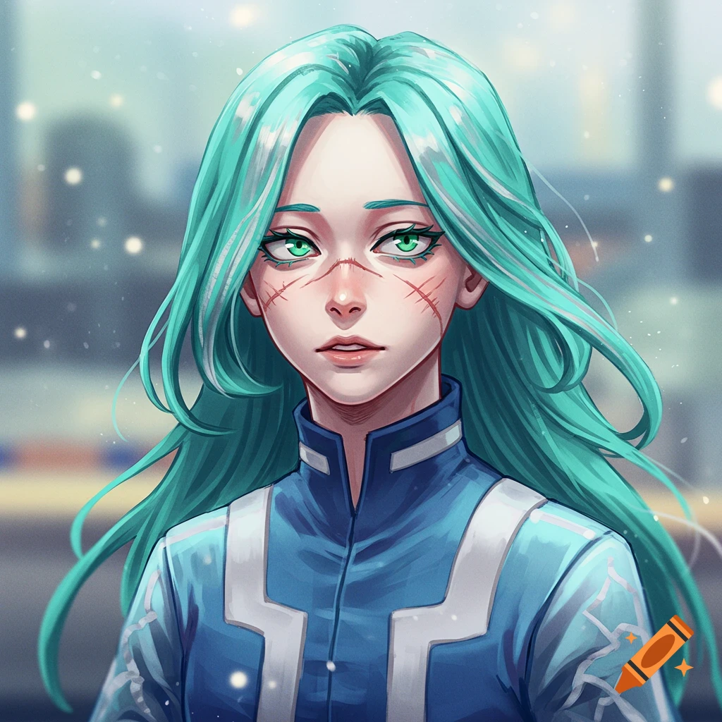 A young woman with long, flowing teal hair, vibrant green eyes, and subtle scars on her face, wearing a blue and white fitted jacket in an anime style.
