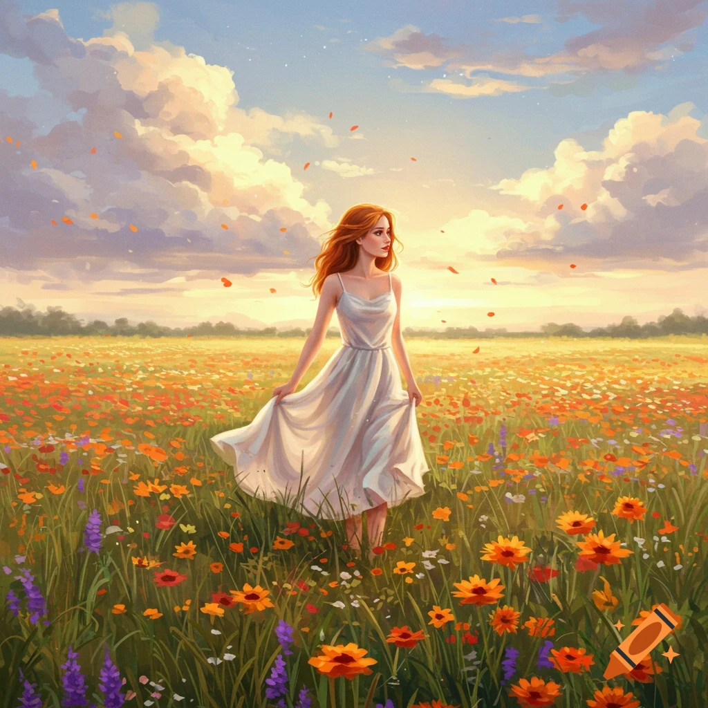 Red-haired woman in a white dress walks through a vibrant flower field at sunset.
