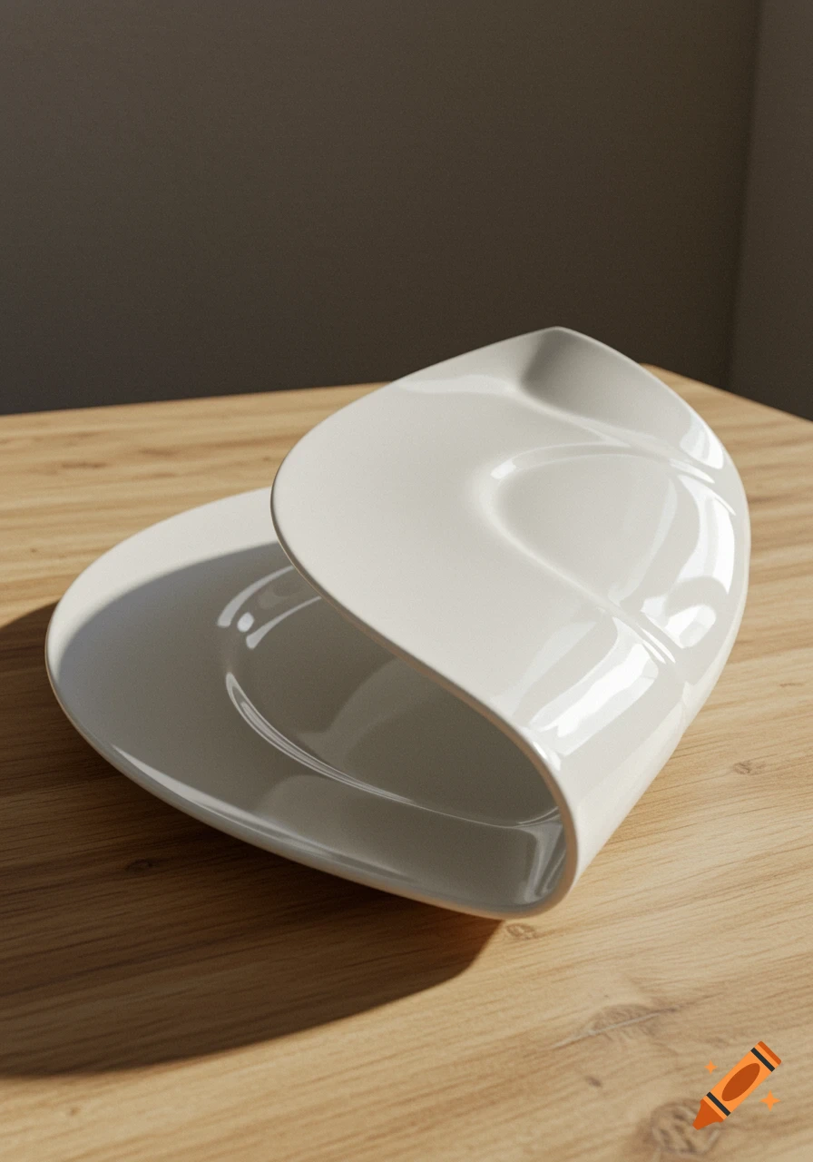 A white, folded plate sits on a wooden table, illuminated by natural light from the left.