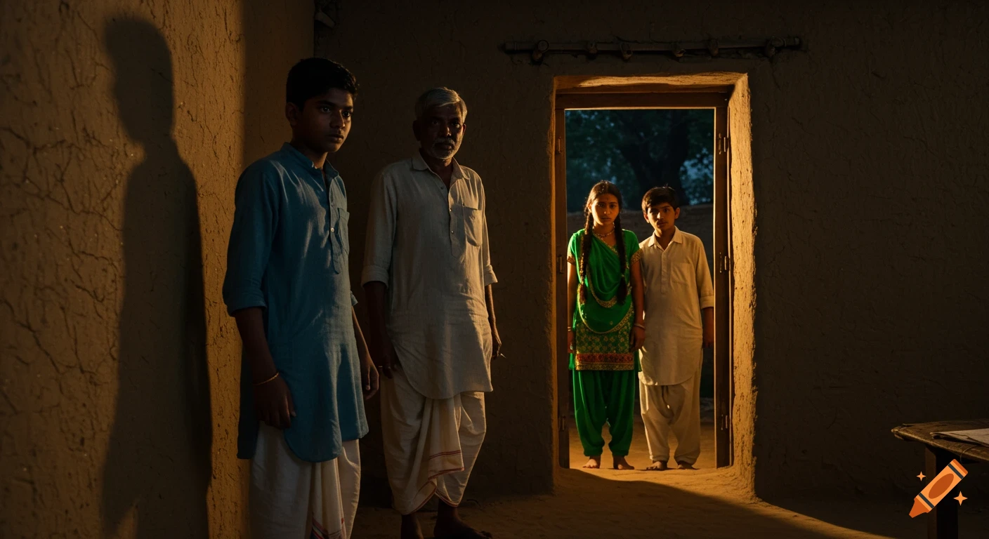 Four people, two men and two children, stand in a dimly lit rural mud house with a brightly lit open doorway.