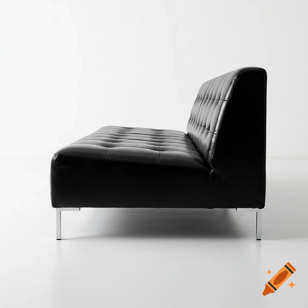 A profile view of a black patent leather couch with silver legs against a white background.