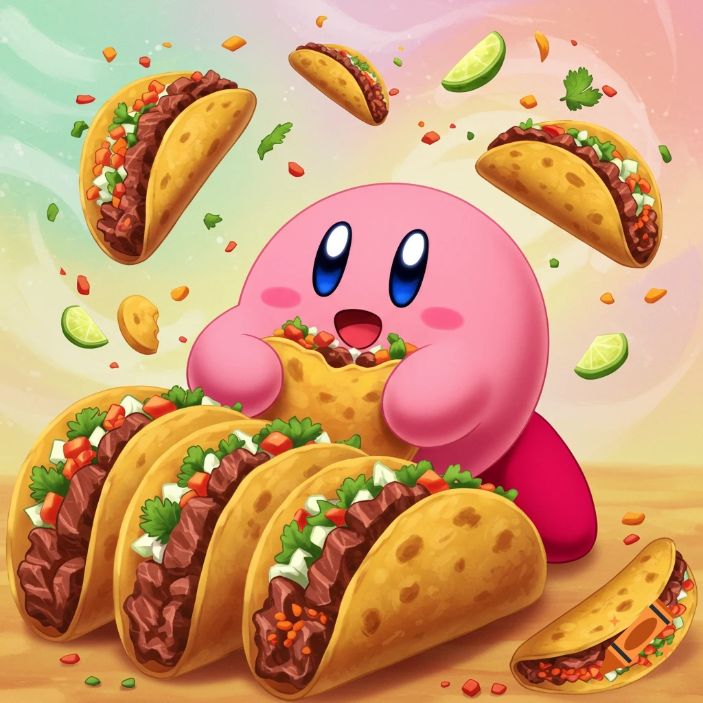 Kirby, a pink spherical character, happily eats a taco surrounded by many tacos and ingredients.