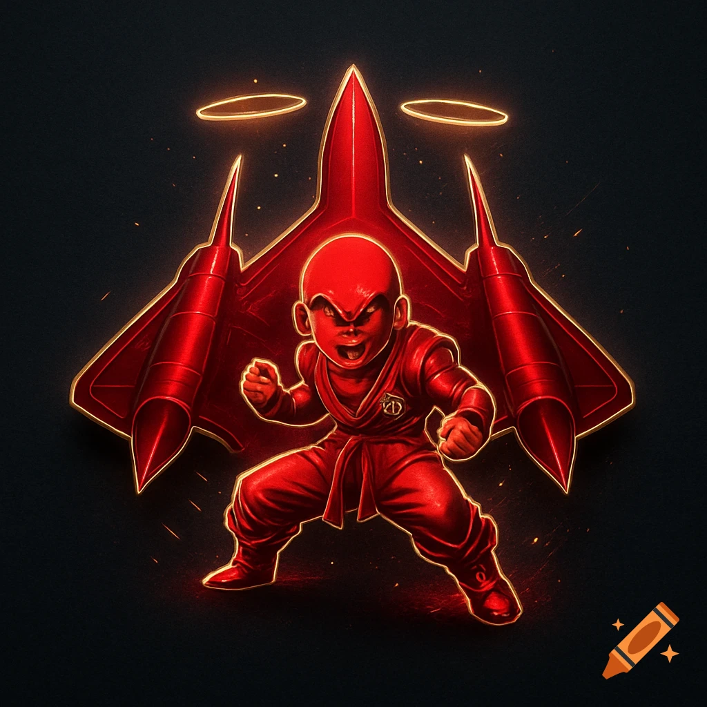 Metallic red Krillin from Dragon Ball Z in a martial arts pose with a metallic red SR-71 Blackbird jet behind him, glowing.