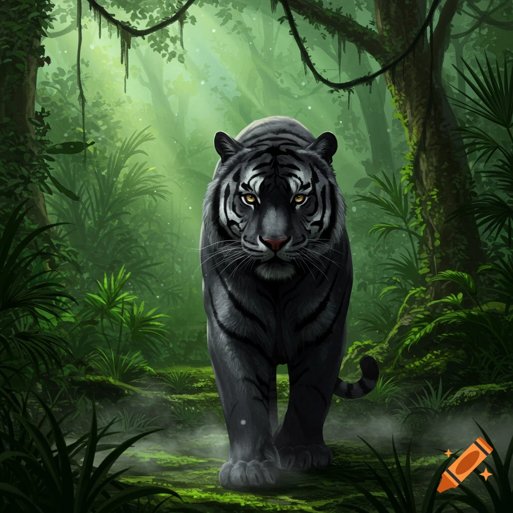 A black tiger with yellow eyes walks through a lush, misty green jungle. The tiger has white and gray stripes on its face and body.