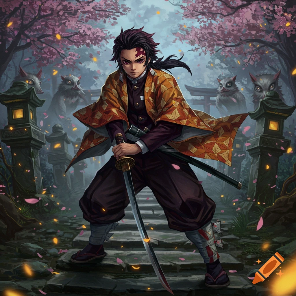 Tanjiro from Demon Slayer stands with a katana on stone steps under cherry blossoms, with masked figures in background. Anime art style.