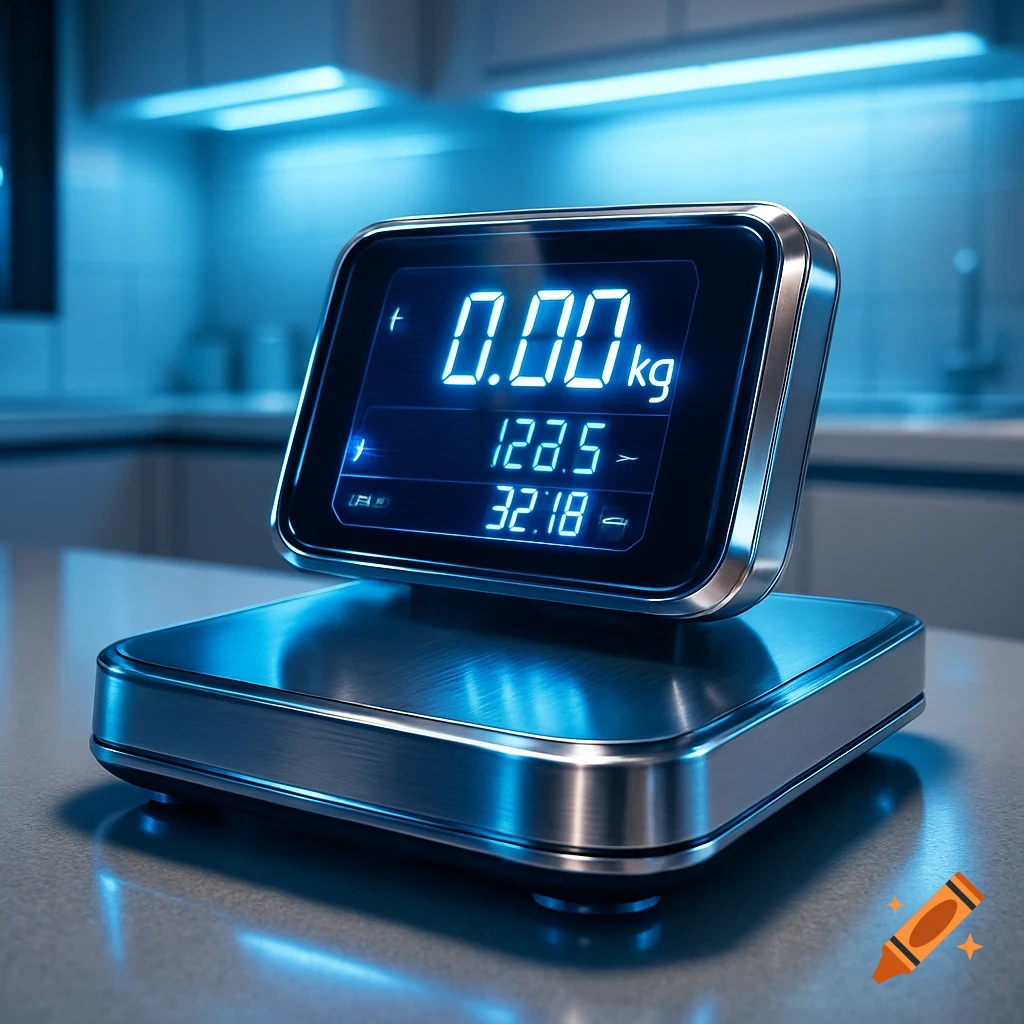 A modern digital kitchen scale with a bright blue display on a countertop in a blue-lit kitchen.