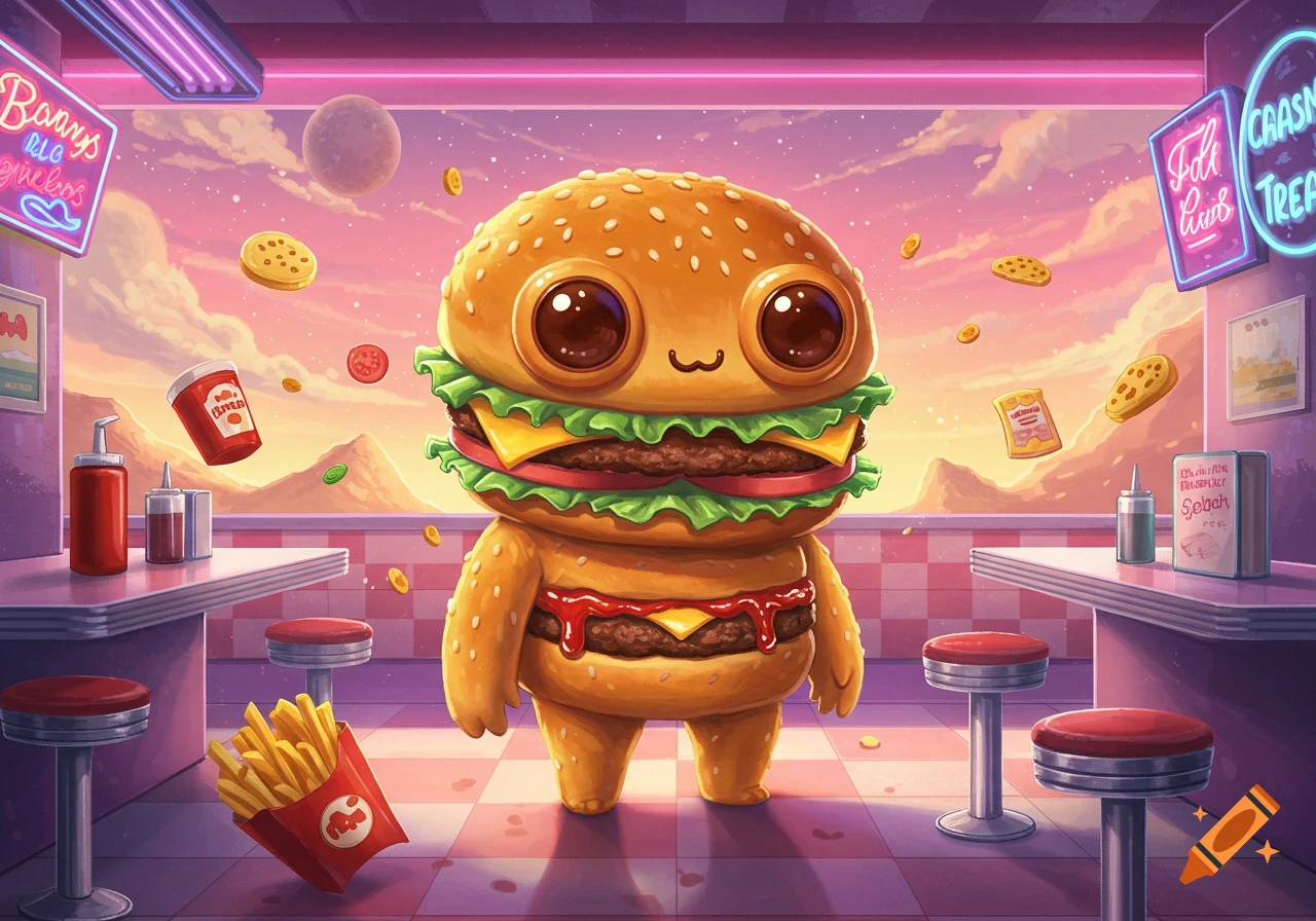 A cute, cartoon hamburger character with large eyes stands in a vibrant, surreal diner with floating food and a sunset sky.