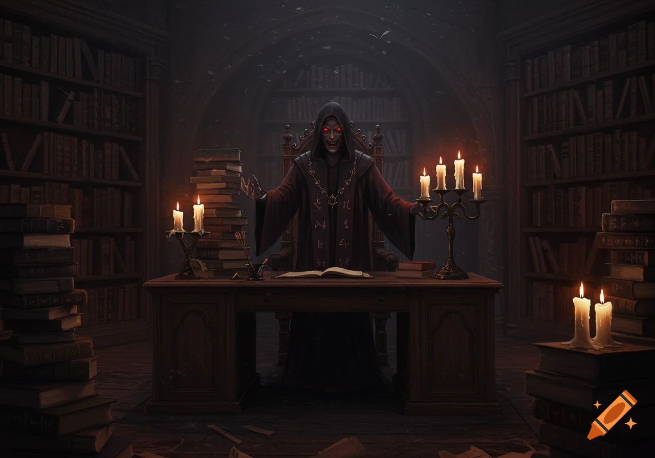 A menacing, hooded figure with glowing red eyes sits at a candlelit wooden desk in a dark, gothic library, surrounded by stacks of old books.