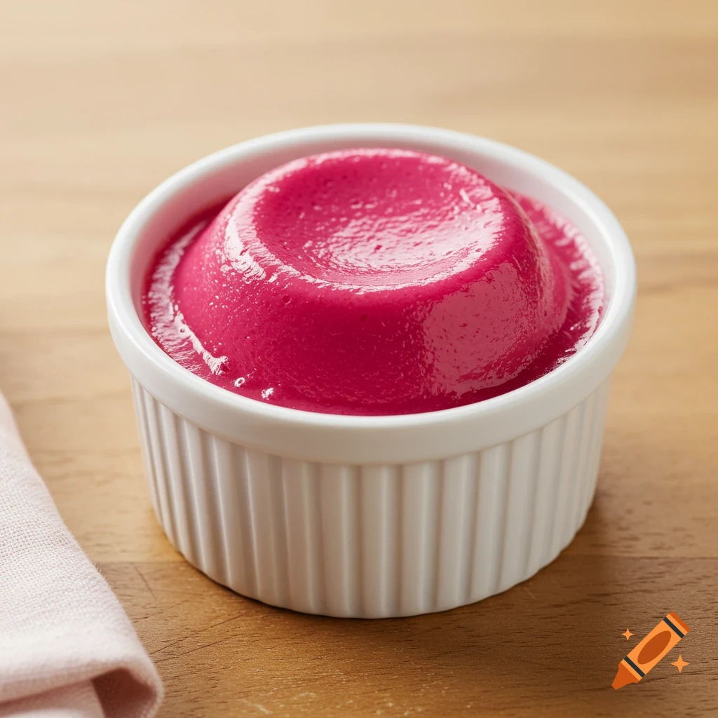 A bright pink pudding in a white ramekin on a wooden table next to a light pink napkin.