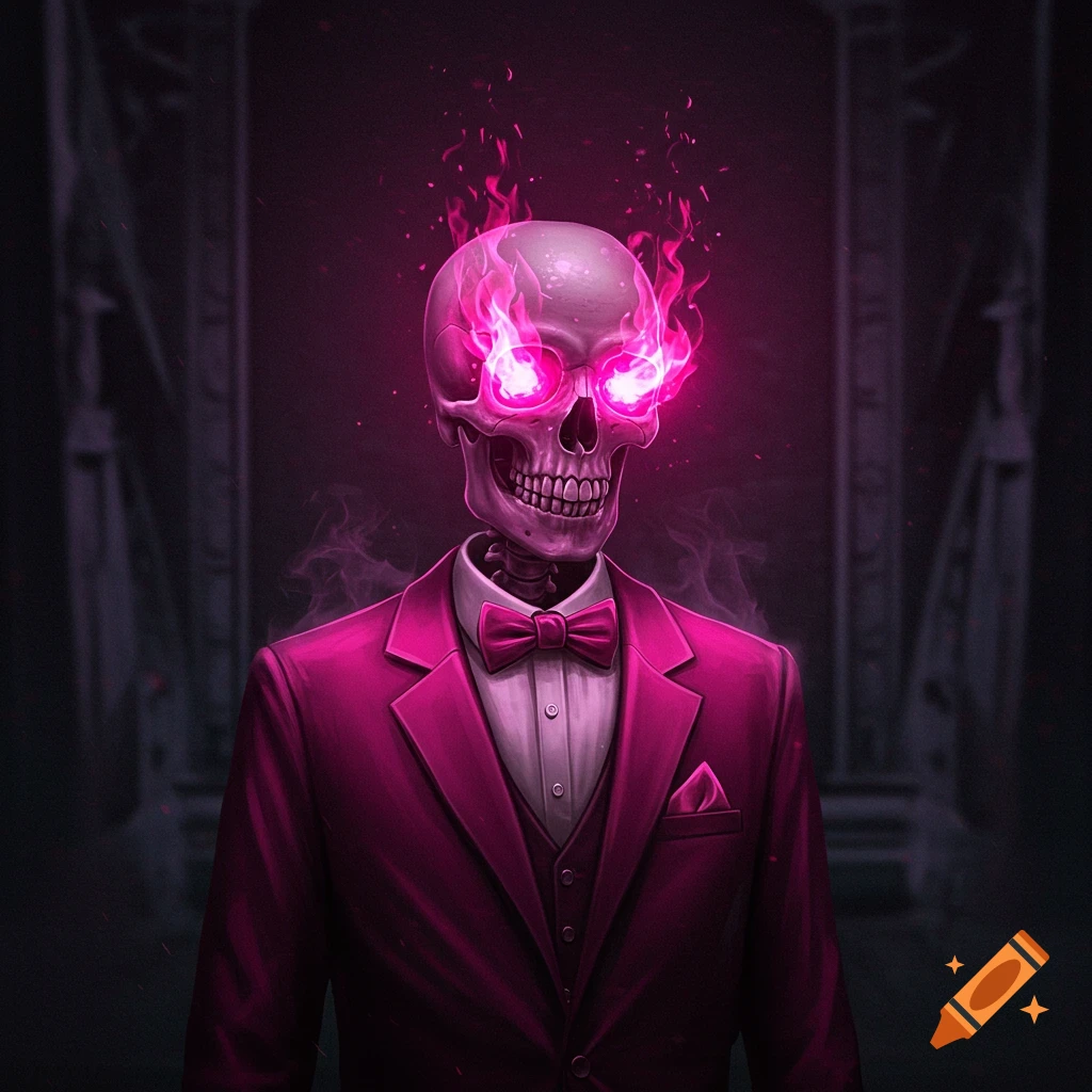 A digital illustration of a skeleton in a pink tuxedo with glowing pink flames erupting from its eye sockets and head, against a dark background.