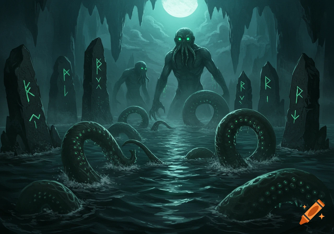 Dark fantasy art of Cthulhu-like monsters emerging from water in a cave, surrounded by glowing runic monoliths under a full moon.