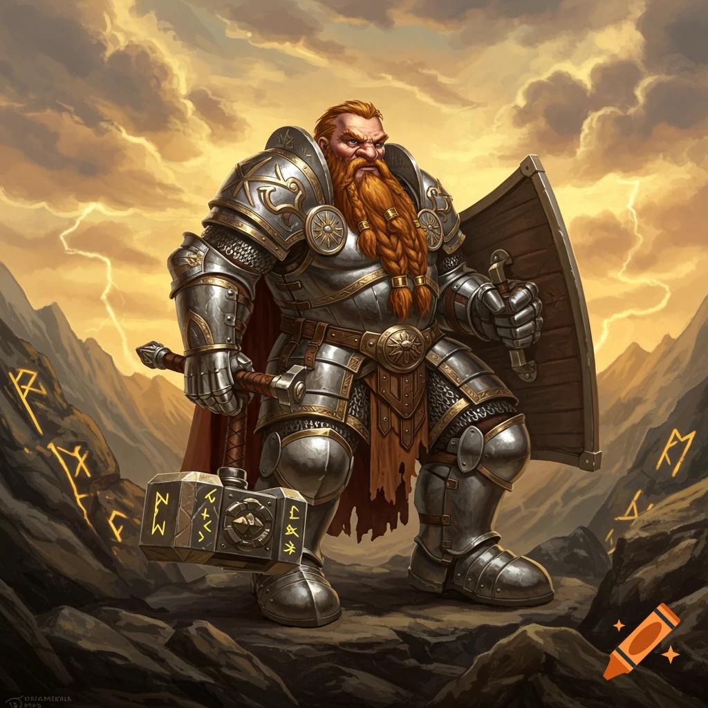 A heavily armored dwarf with a braided red beard stands on rocky terrain, holding a large runic hammer and shield under a stormy, lightning-filled sky.